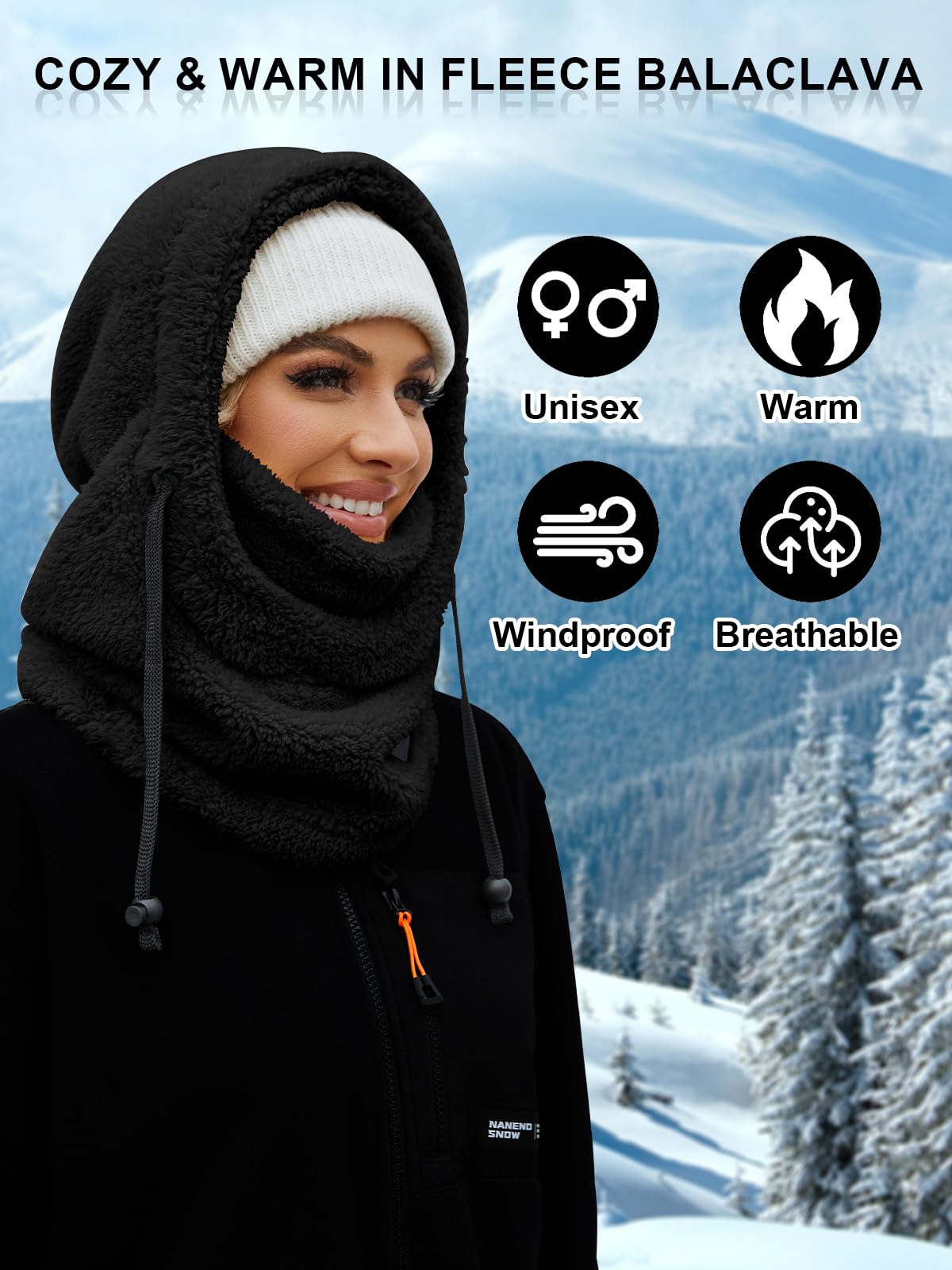 VELAI Balaclava Fleece Ski Mask for Men Women Winter Face Masks Windproof Hooded Scarf Cold Weather Hat Neck Warmer, Black, One Size 🍁 All In One Marketplace Canada