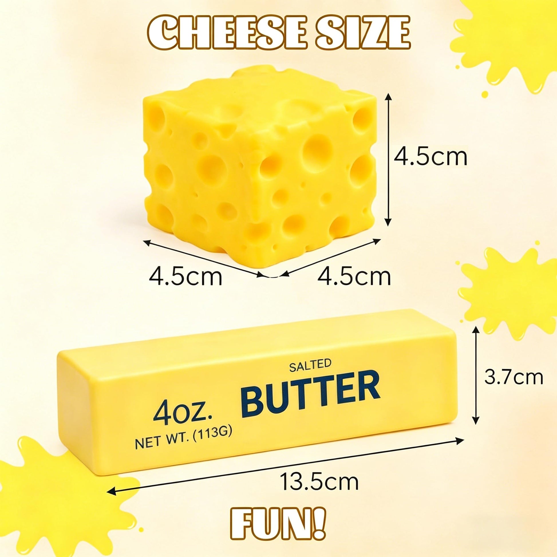 4 PCS Squishy Cheese Butter, 2 PCS Squishy Butter and 2 PCS Cheese, Stress Relief Cube Block, Yellow Unbreakable Figurine Simulation Cheeses Ball (2 Cheeses+2 Butter)