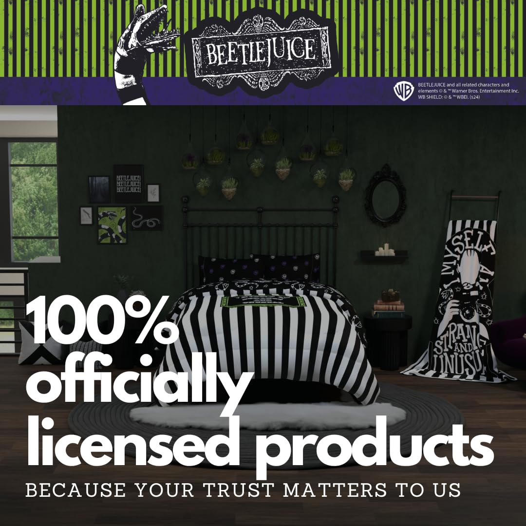 Franco Collectibles Beetlejuice Halloween Striped Bedding 5 Piece Super Soft Reversible Comforter and Sheet Set, Full, (Officially Licensed Product)