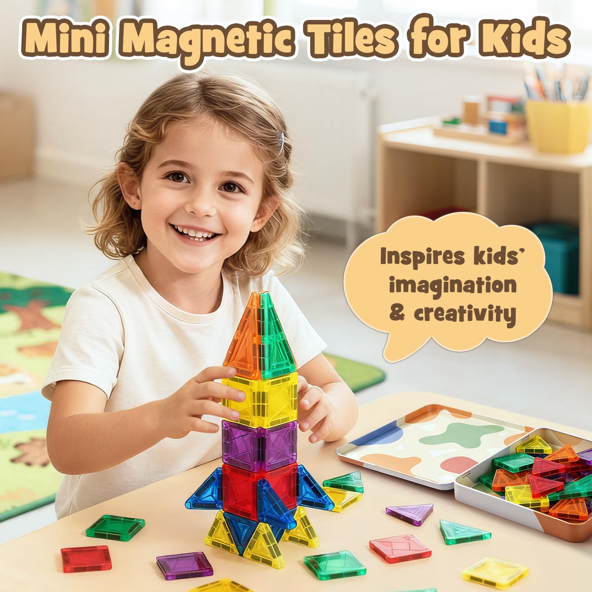 Dreamon 60PCS Mini Magnetic Tiles Travel Magnetic Tiles for Kids with Tin Box Building Toy Christmas Birthday Gift Boys Girls Age 3 4 5 6 7 8 Years Old 🍁 All In One Marketplace Canada