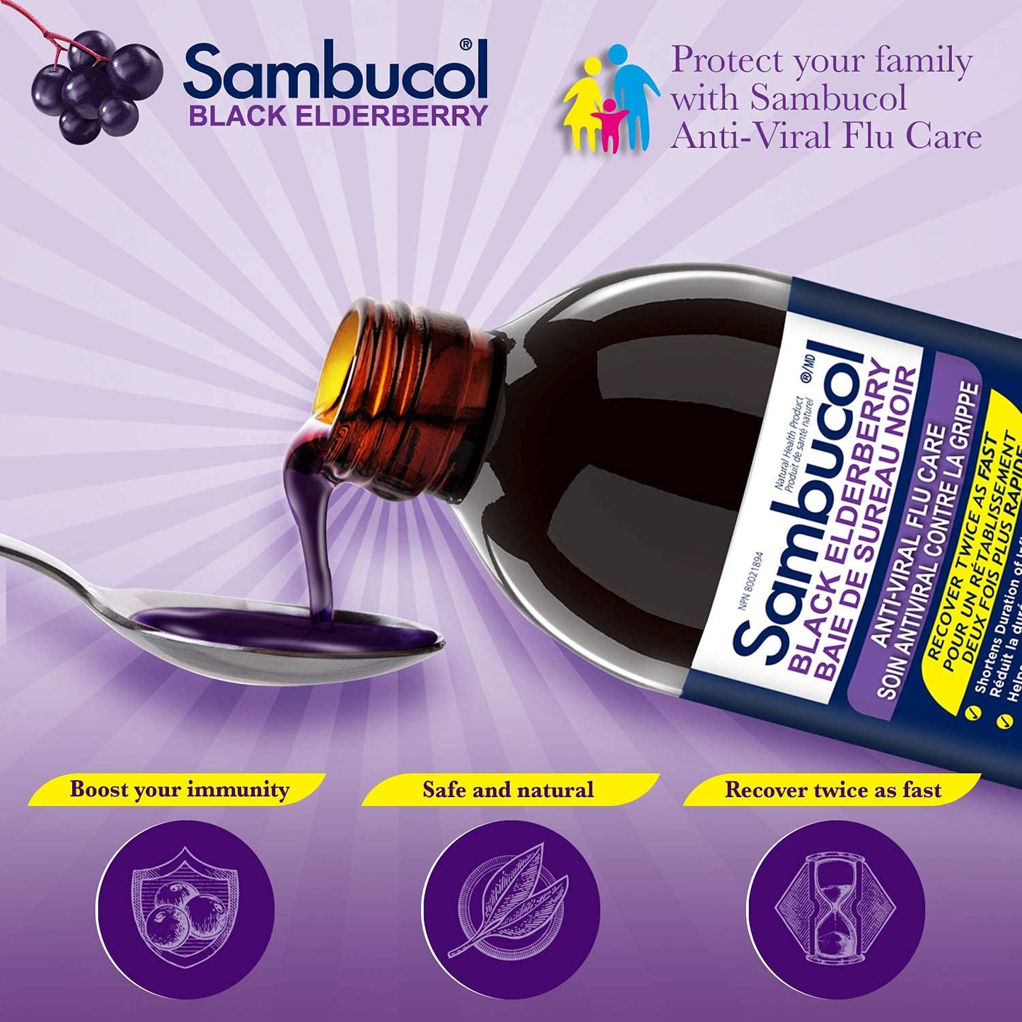 Sambucol Black Elderberry Anti-Viral Flu Care | Quickly Relieves Cold & Flu Symptoms | Immune Support & Antioxidant | Ideal for Families | Syrup, 230 mL, blue - Available at All In One Marketplace Canada