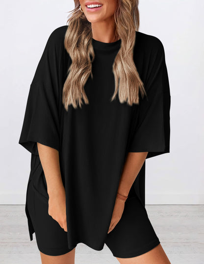 PRETTYGARDEN Women's Two Piece Lounge Set 2026 Summer Casual Oversized Shirts Biker Shorts Matching Airport Travel Outfit (Black,X-Large)