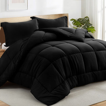 All Season Queen Comforter Set 3 PCs Soft Quilted Down Alternative Comforter+2 Pillow Shams with Corner Tabs,Winter Summer Warm Fluffy,Machine Washable(Black, Queen) 🍁 All In One Marketplace Canada
