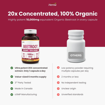 Herba 10,000mg Organic BeetRoot Capsules – 180 Count | 20:1 Beet Root Powder in Capsule | Nitric Oxide Supplements for Men & Women | Made in Canada - Available at All In One Marketplace Canada