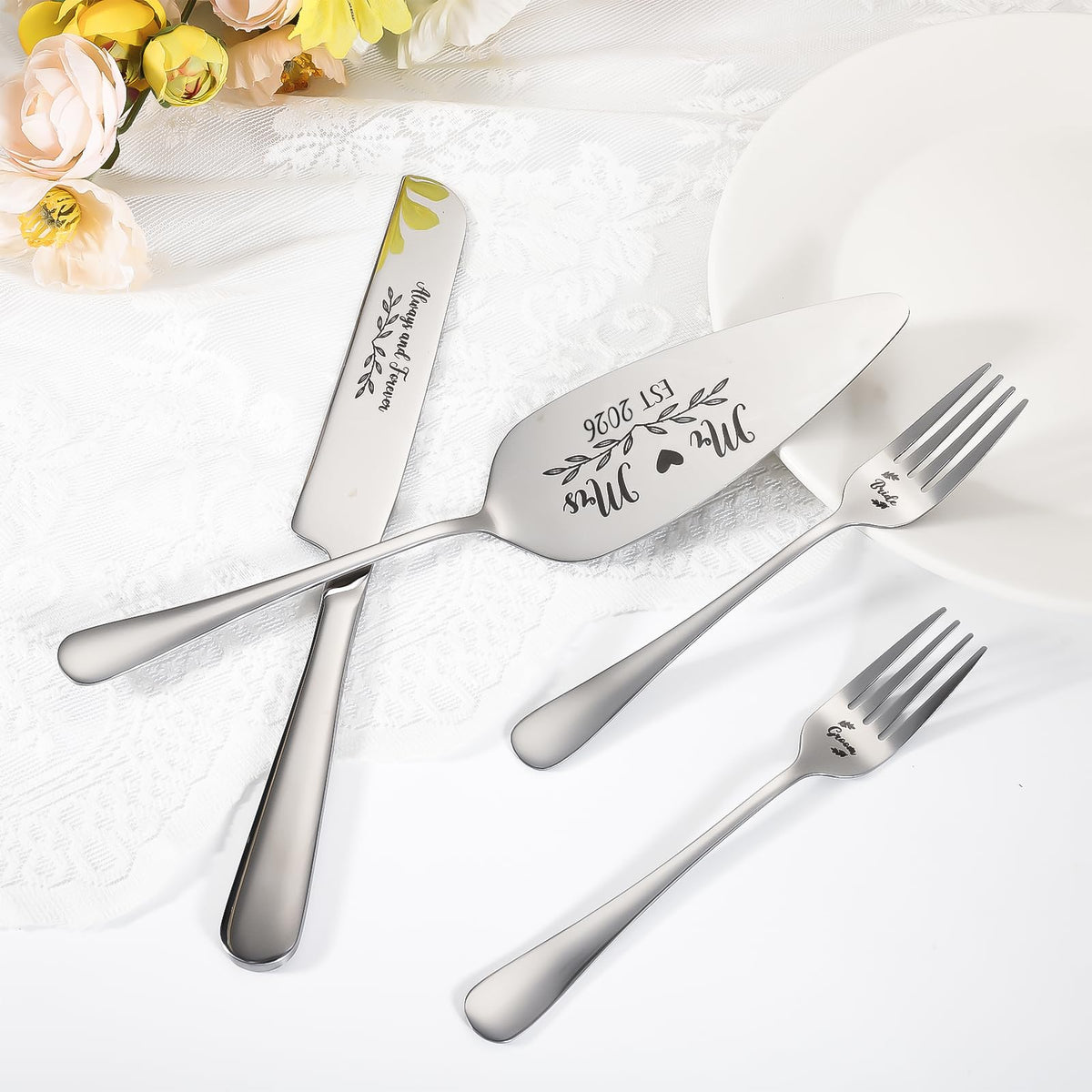 4Pcs Wedding Cake Knife and Server Set Engraved Stainless Steel Silver 2026 🍁 All In One Marketplace Canada
