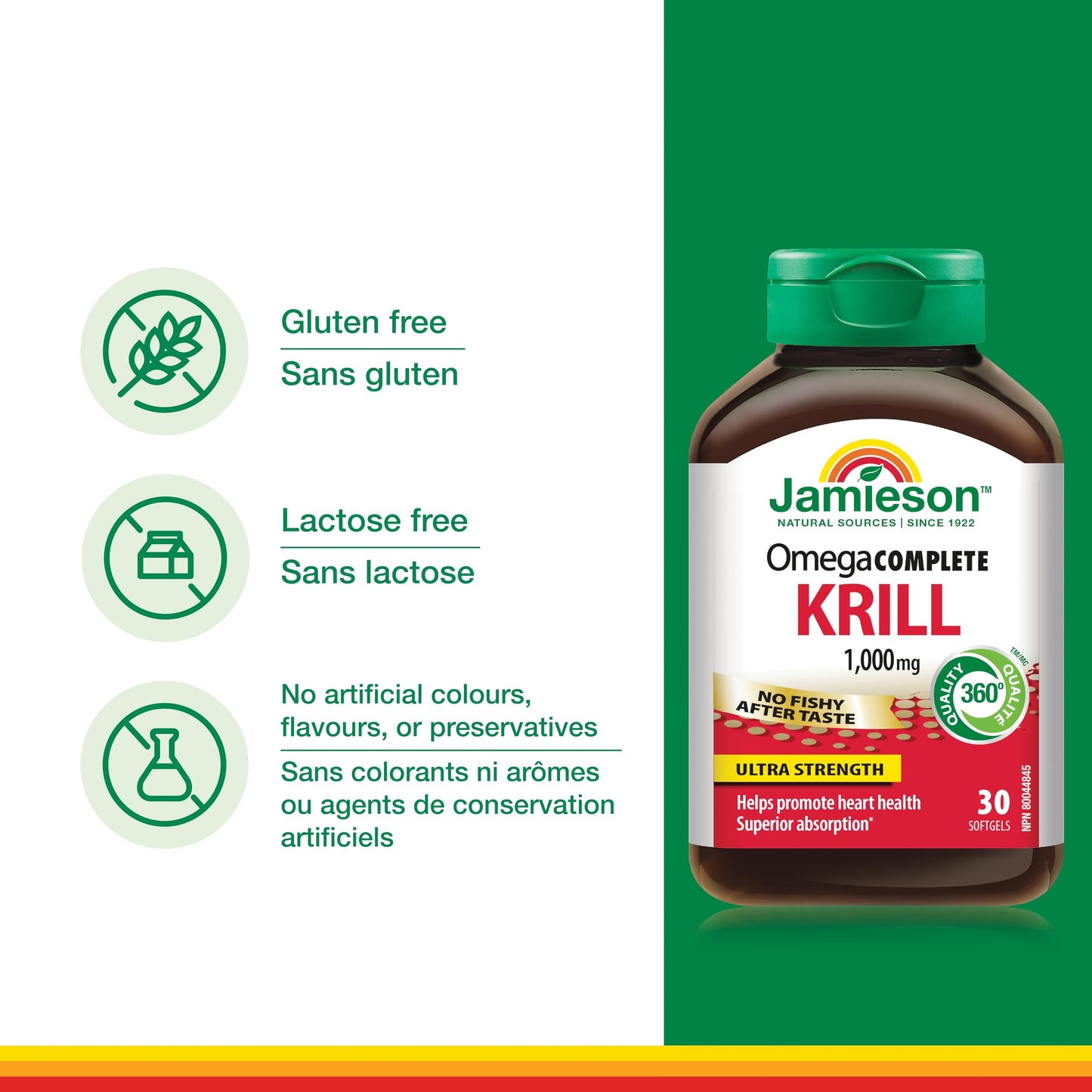 Jamieson Omega Complete Pure Krill Oil, 1000 mg, 30 Softgels, No Fishy Aftertaste, Supports Heart Health, High Potency, Provides Superior Absorption. With Antarctic Krill Oil, Proudly Canadian Jamieson