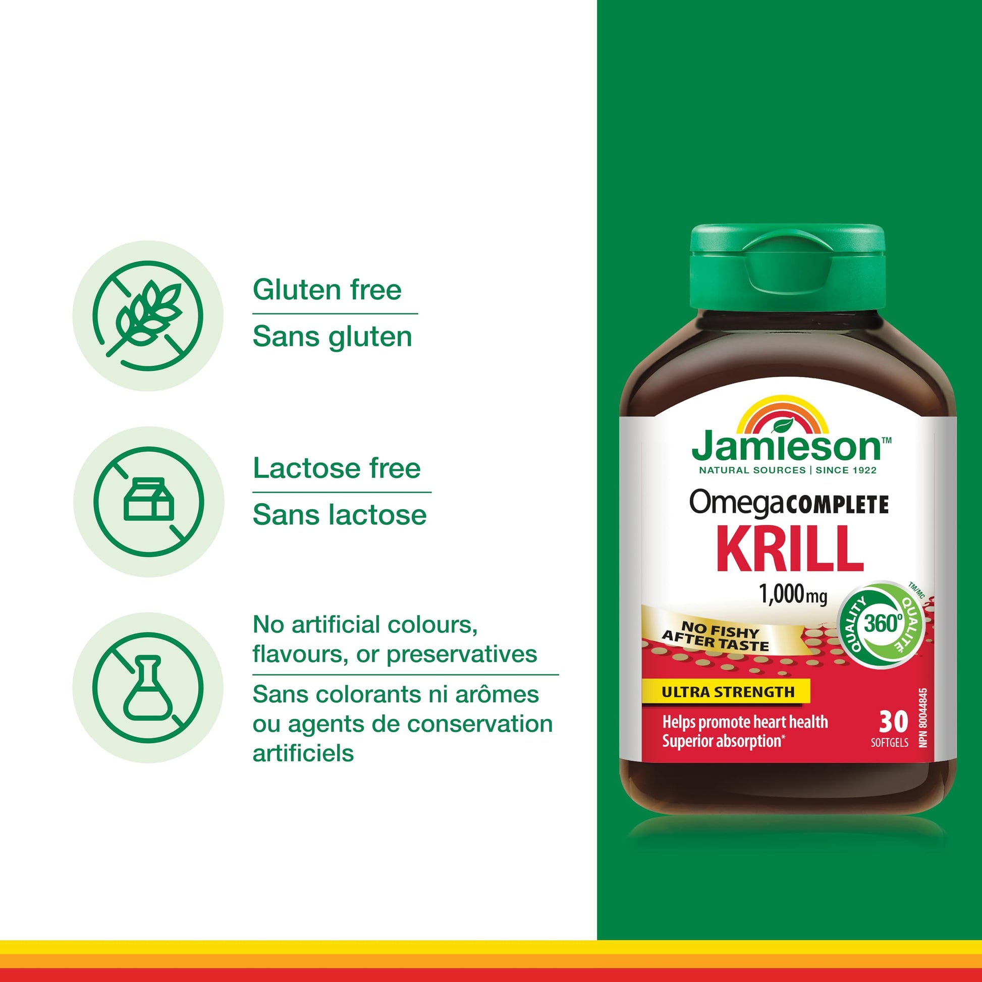 Jamieson Omega Complete Pure Krill Oil, 1000 mg, 30 Softgels, No Fishy Aftertaste, Supports Heart Health, High Potency, Provides Superior Absorption. With Antarctic Krill Oil, Proudly Canadian Jamieson