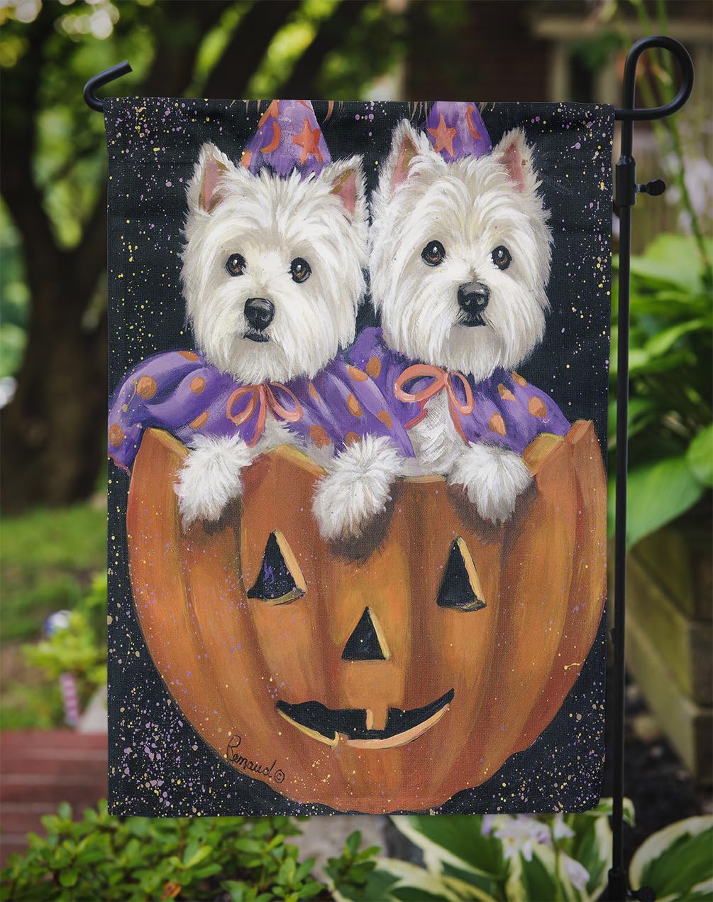 Caroline's Treasures PPP3205GF Westie Halloween Pumpkin Ride Flag Garden Size, Small, Multicolor