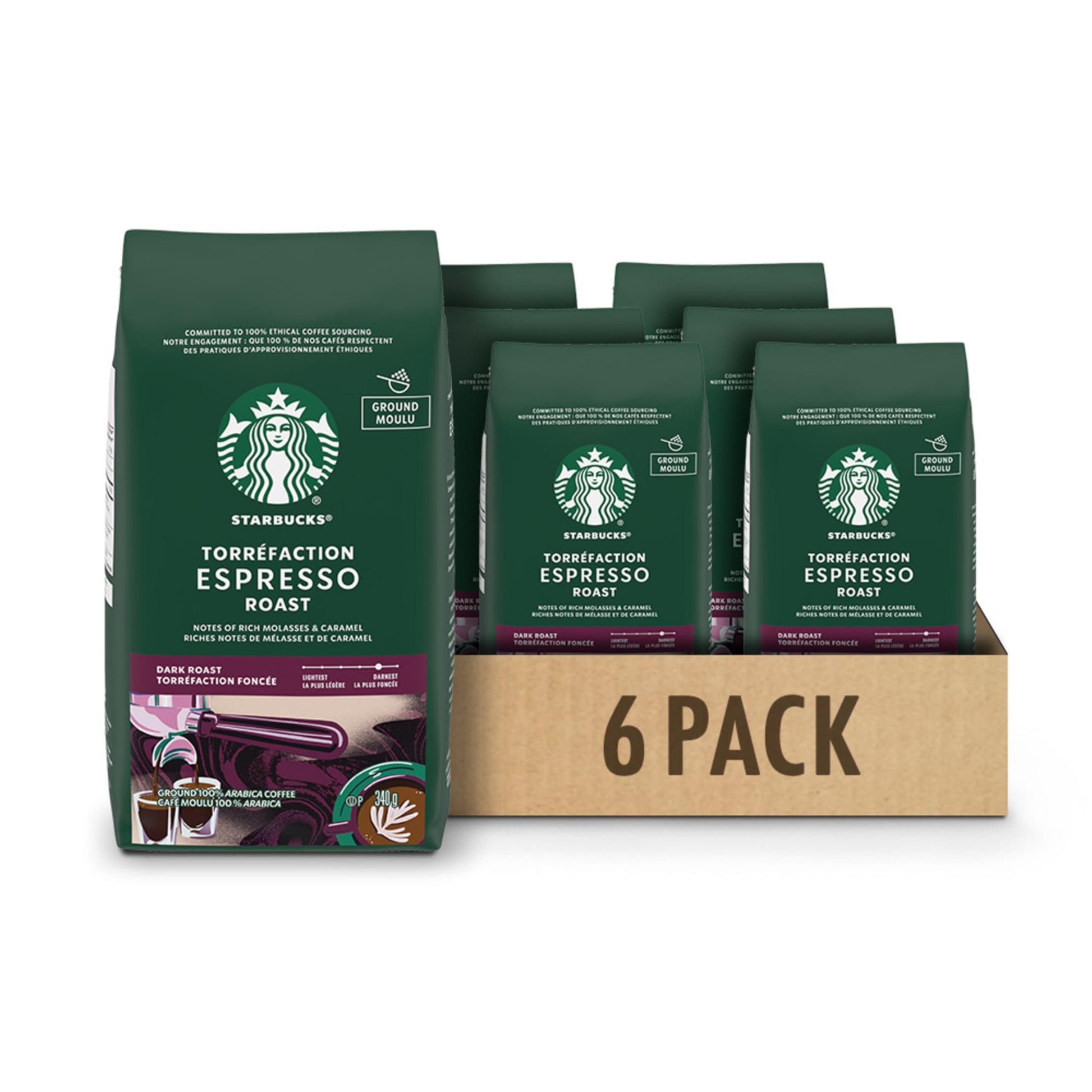 Starbucks Espresso Roast Ground Coffee 340g - 6 Pack Dark Roast