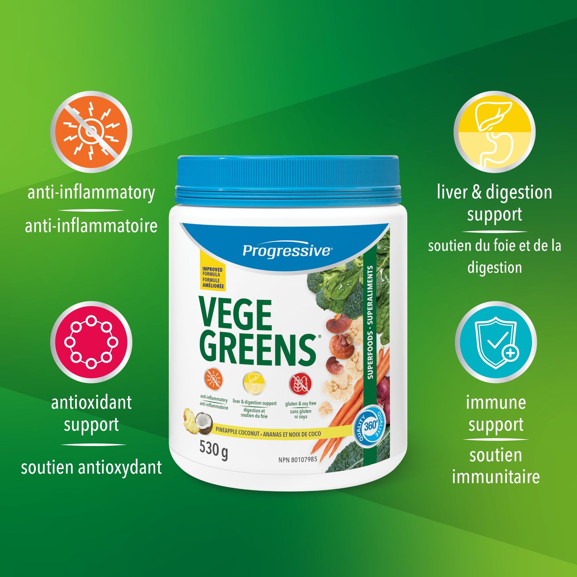 Progressive VegeGreens Pineapple Coconut, Vegan Canadian-Made Superfoods + Daily Greens with 23 Whole Foods, Adaptogens, Anti-Inflammatory, Antioxidants & Digestive Support for Energy and Immunity, 530 g Progressive Health