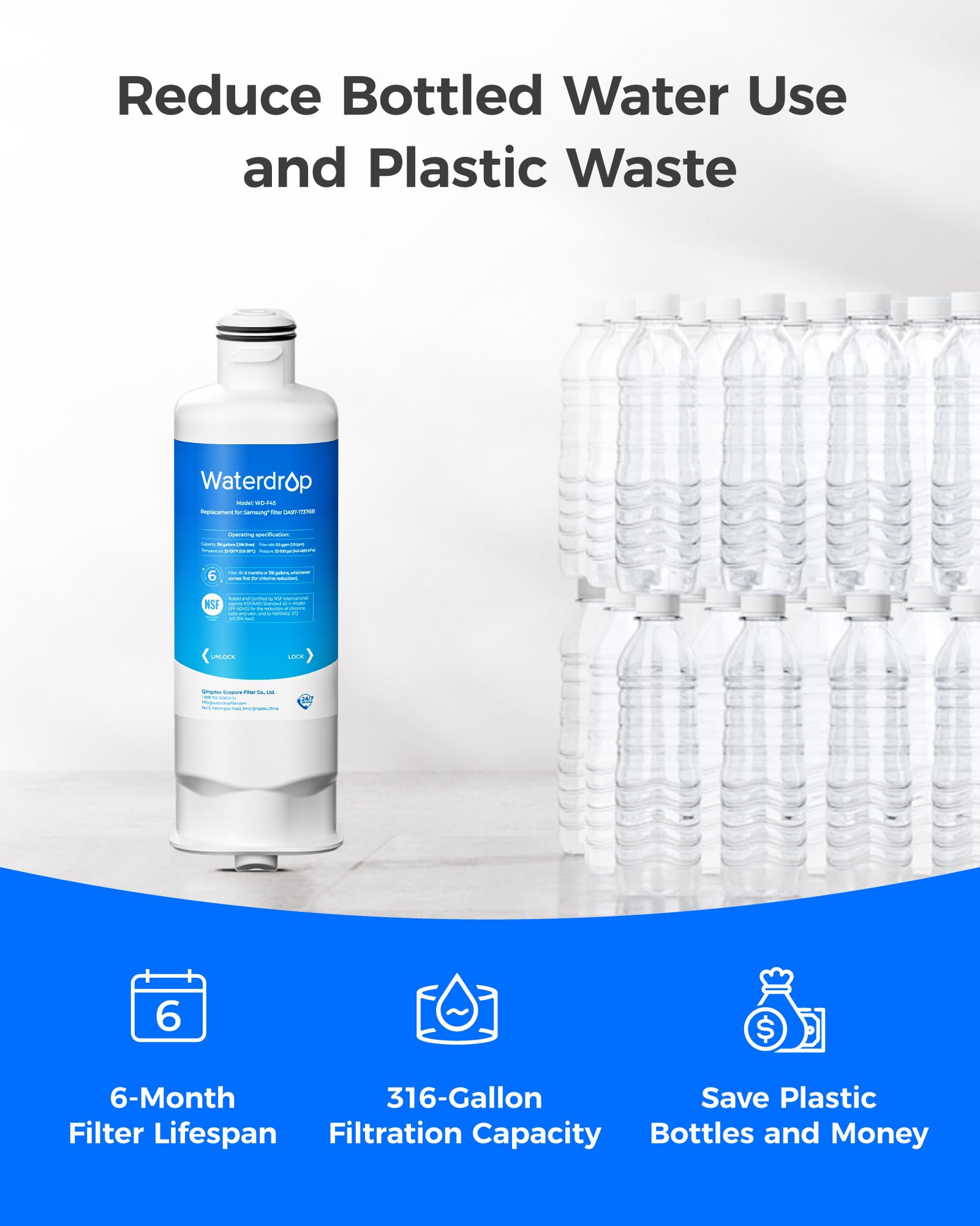 Waterdrop WD-F45 Replacement for Samsung® DA97-17376B, HAF-Qin/EXP, DA97-08006C, RF28R7201SR, RF28R7351SG, Refrigerator Water Filter, 3 Filters - Available at All In One Marketplace Canada