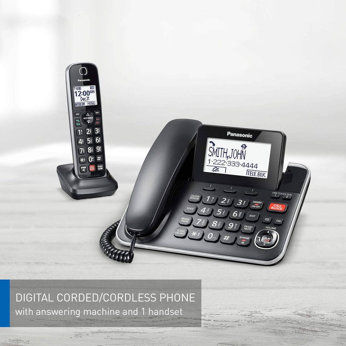 Panasonic DECT 6.0 2-in-1 Corded/Cordless Phone with Answering Machine, Advanced Call Block (1,000 Numbers), and Talking Caller ID - 1 Cordless Handset - KX-TGF870CB, Black Panasonic