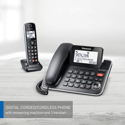Panasonic DECT 6.0 2-in-1 Corded/Cordless Phone with Answering Machine, Advanced Call Block (1,000 Numbers), and Talking Caller ID - 1 Cordless Handset - KX-TGF870CB, Black Panasonic