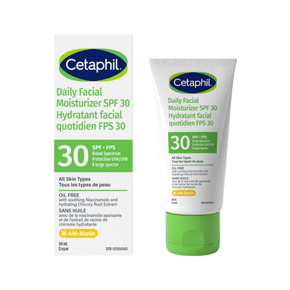 Cetaphil Daily Facial Moisturiser SPF 30, Lightweight SPF Moisturiser for Sensitive Skin, 50ml, Niacinamide & Chicory Extract, UVA/UVB Protection, 24 Hour Hydration, Dermatologist Recommended