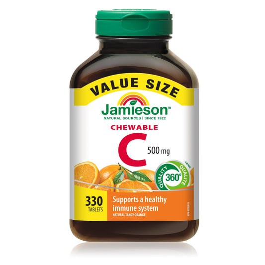 Jamieson Chewable Vitamin C 500 mg Natural Tangy Orange, Supports Immune Health, Strong Teeth and Bones. Family Friendly (4+), Vegetarian, Non-GMO, Gluten-Free, No Artificial Flavours, Colours, or Preservatives, 330 Count, Proudly Canadian
