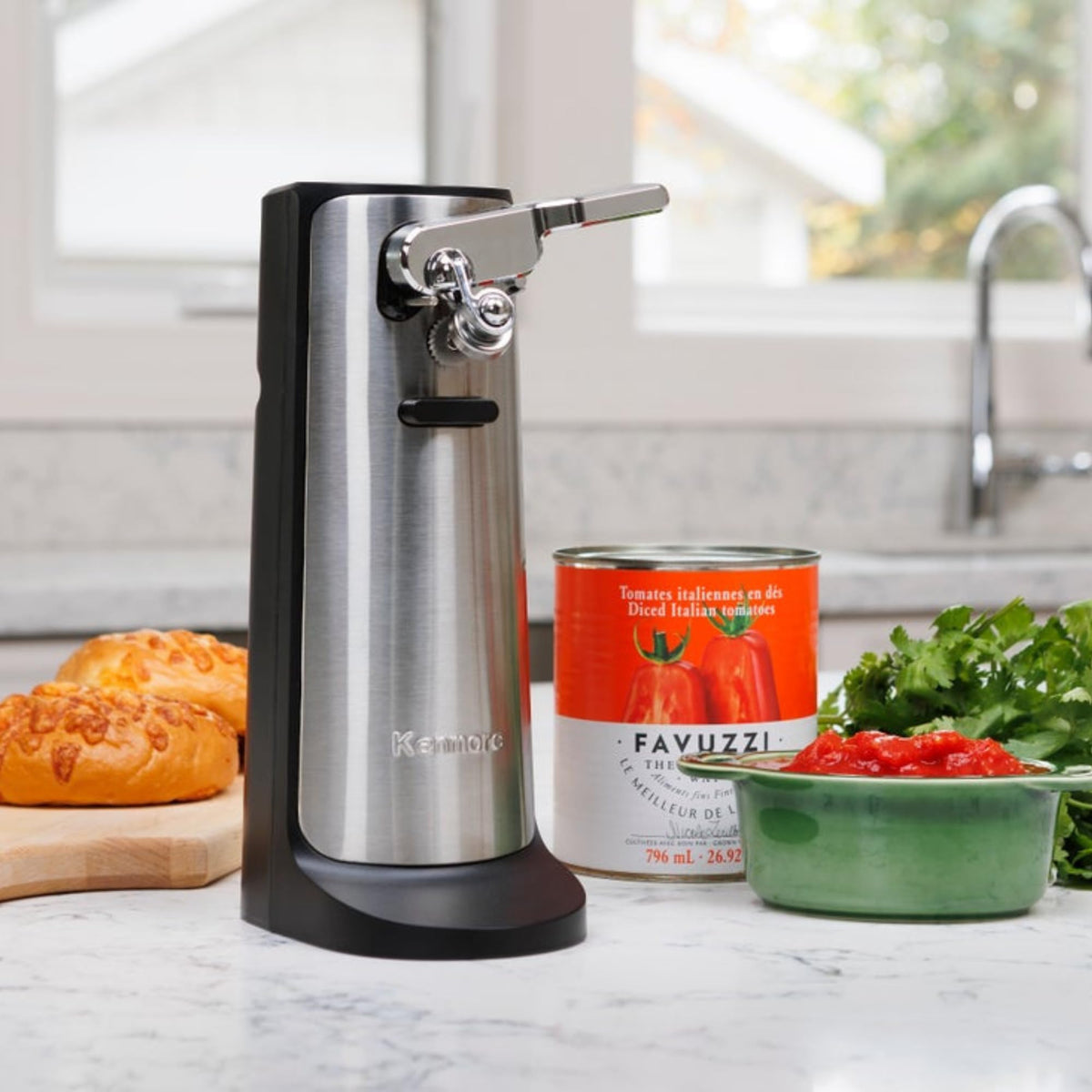 Kenmore Electric Can Opener - Hand Friendly, Bottle Opener, Knife sharpener, Latas Abrelatas, Cord Storage, Automatic Countertop appliance Stainless Steel detachable cutting lever