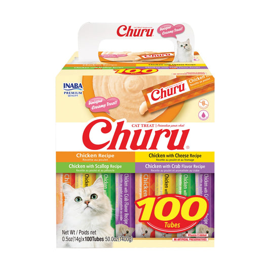 INABA Churu Cat Treats, Lickable, Squeezable Creamy Purée with Vitamin E, 14 Grams per Tube, 100 Tubes Total, Chicken Variety