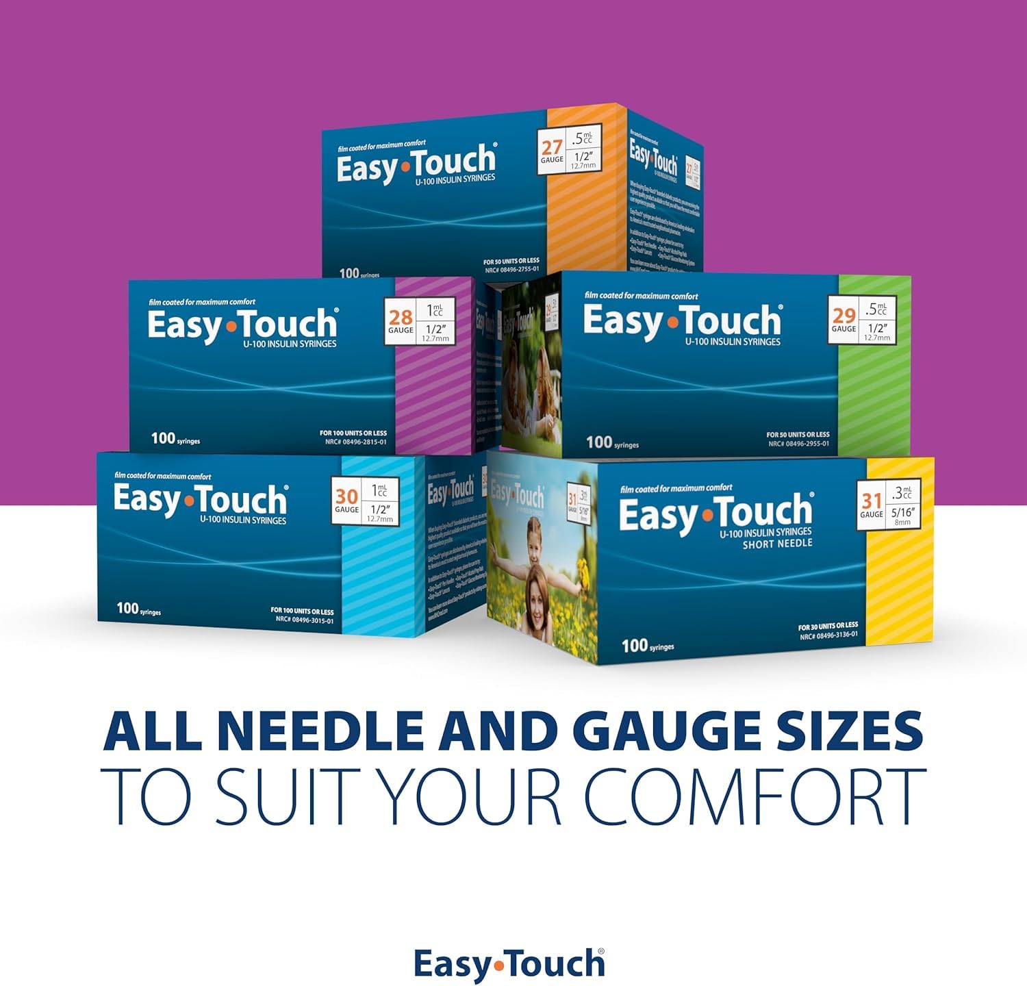 Easy Touch 28 Gauge U-100 Insulin Syringes (28G 1cc 1/2”) with 1/2” Long Needle, 1cc (100 Unit Capacity), Bold Markings for Accurate Dosing, Disposable, Box of 100 - Available at All In One Marketplace Canada