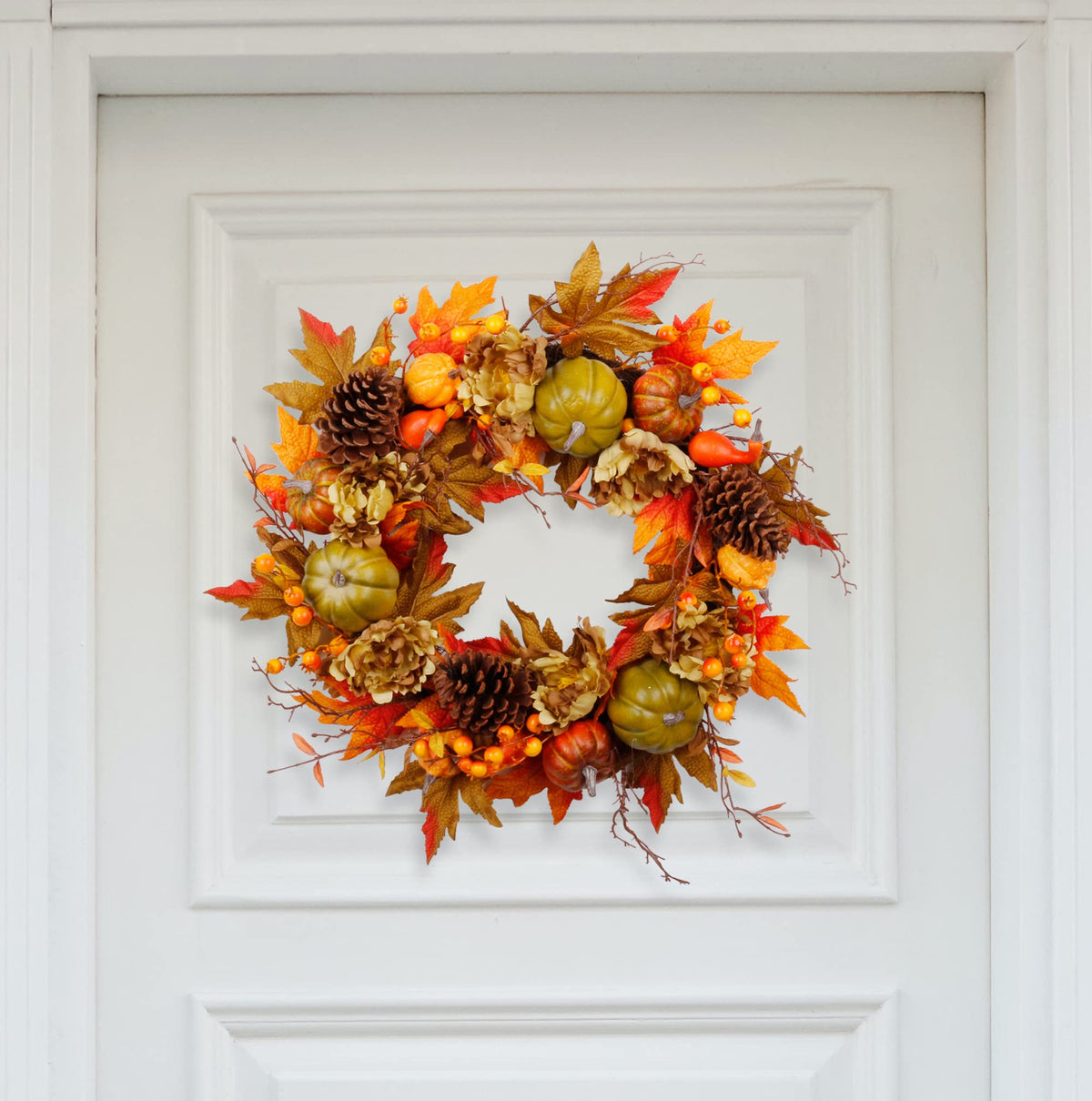 Couronne d'automne SOFTFLAME de 50 cm pour porte d'entrée, couronne artificielle automnale avec citrouille, pommes de pin, feuilles d'érable et baies, idée cadeau pour la décoration de la maison pour Halloween et Thanksgiving