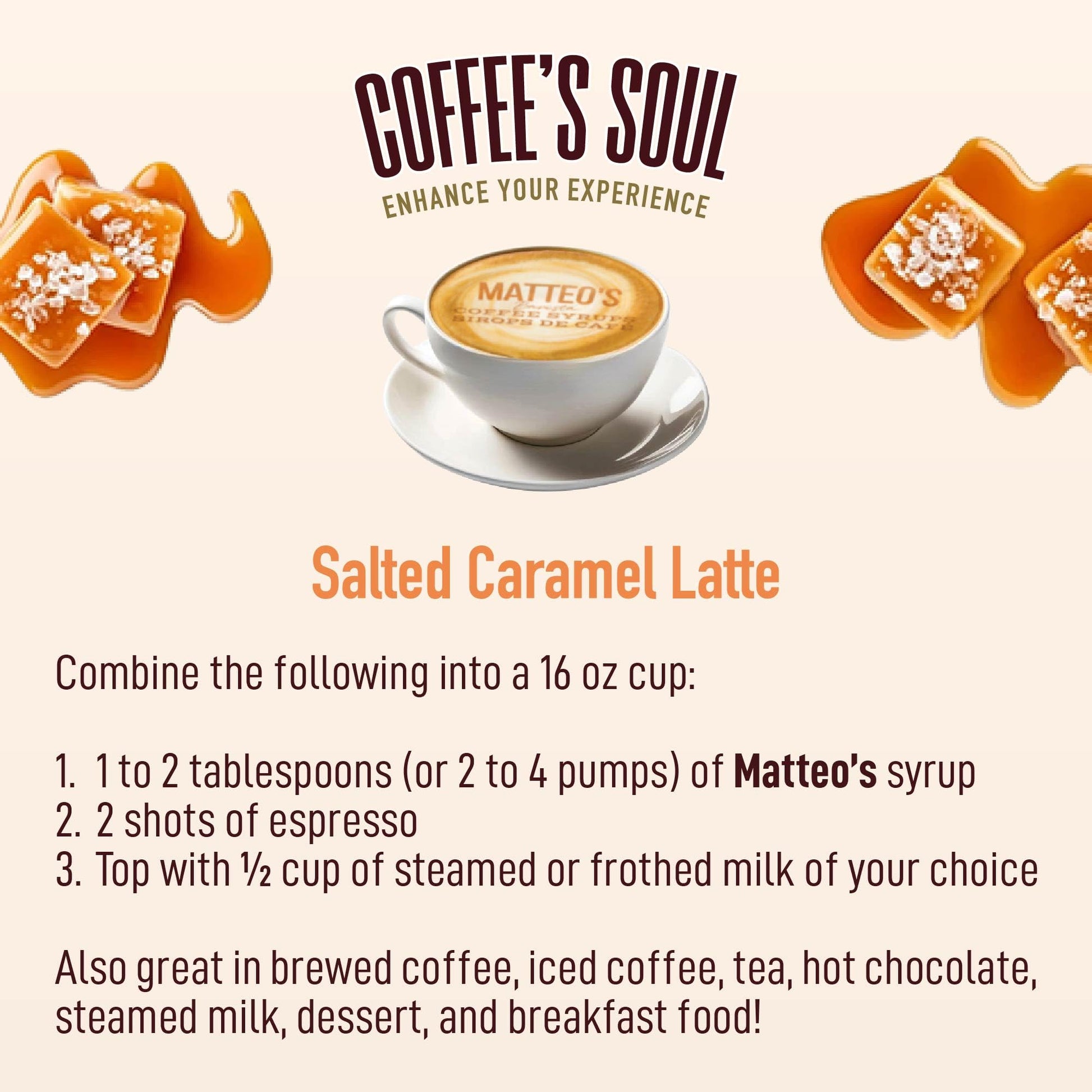 Matteo's Salted Caramel Sugar-Free Coffee Syrup - Barista-Quality Flavoring, Keto-Friendly, 25.4oz (6-Pack)