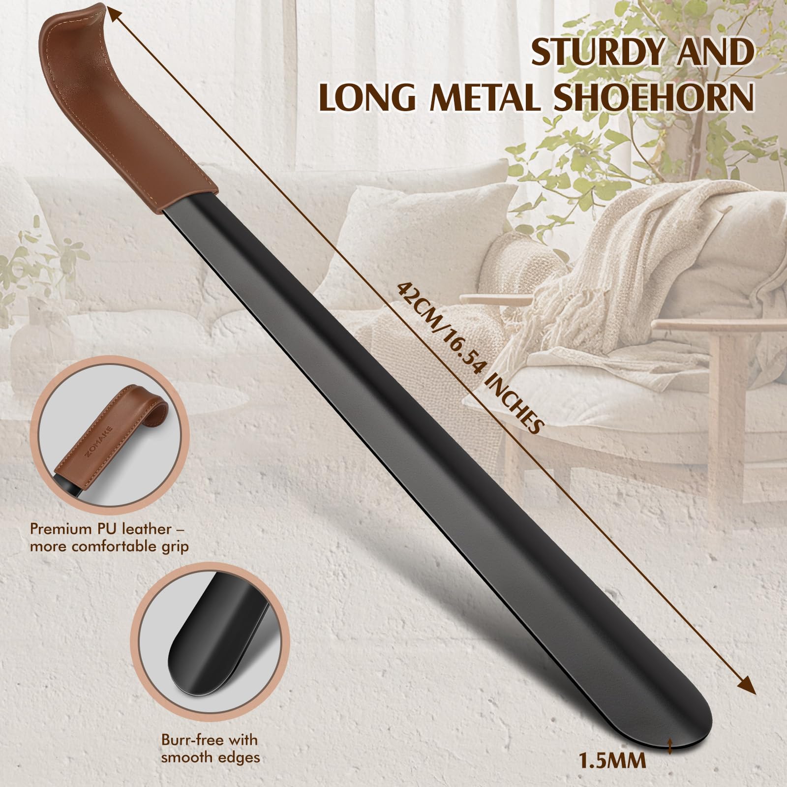 ZOMAKE Shoe Horn Long Handle,Metal Long Shoehorn for Seniors Men Women,16.5" Boot Shoes Horn Chausse Pied(A Black) ZOMAKE