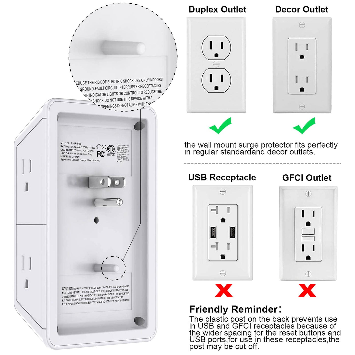 3-Sided Power Bars with Surge Protector, POWRUI 6-Outlet Extender with 3 USB Ports (1 USB C) and Night Light, Multi Plug Outlet and Spaced Outlets Adapter, ETL, White - Available at All In One Marketplace Canada