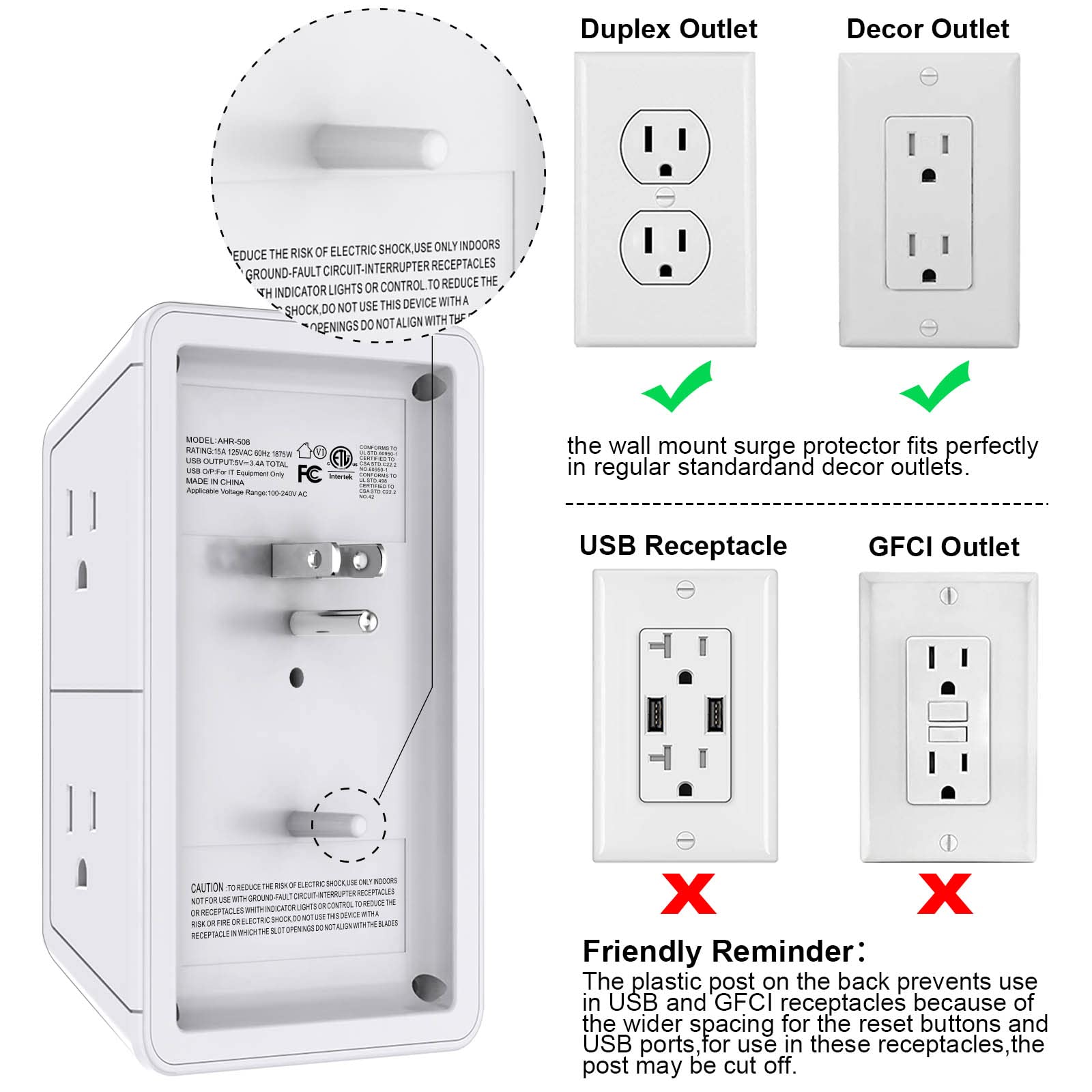 3-Sided Power Bars with Surge Protector, POWRUI 6-Outlet Extender with 3 USB Ports (1 USB C) and Night Light, Multi Plug Outlet and Spaced Outlets Adapter, ETL, White - Available at All In One Marketplace Canada