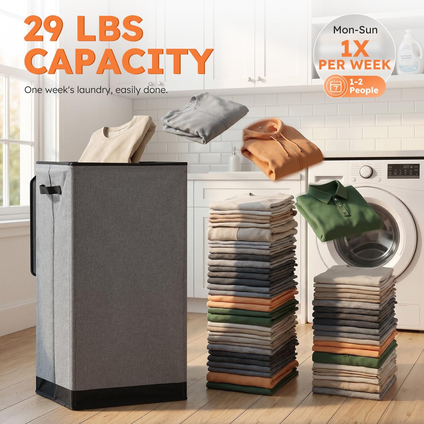 SOLEDI 100L Laundry Basket with Lid Large Laundry Hamper, Clothes Hamper with Laundry Bag Easy to Carry, Collapsible Storage Bins for Bedroom, Bathroom, Dorm, Apartment, College, Wardrobe, Grey