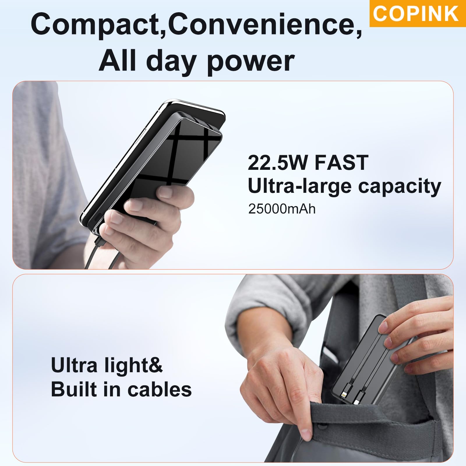 COPINK Power Bank with Built in Cables, 25000mAh Fast Charging Portable Charger,5 Output 2 Input LED Display Slim External Battery Pack for iPhone, Samsung, Android Phones, Tablets - Available at All In One Marketplace Canada