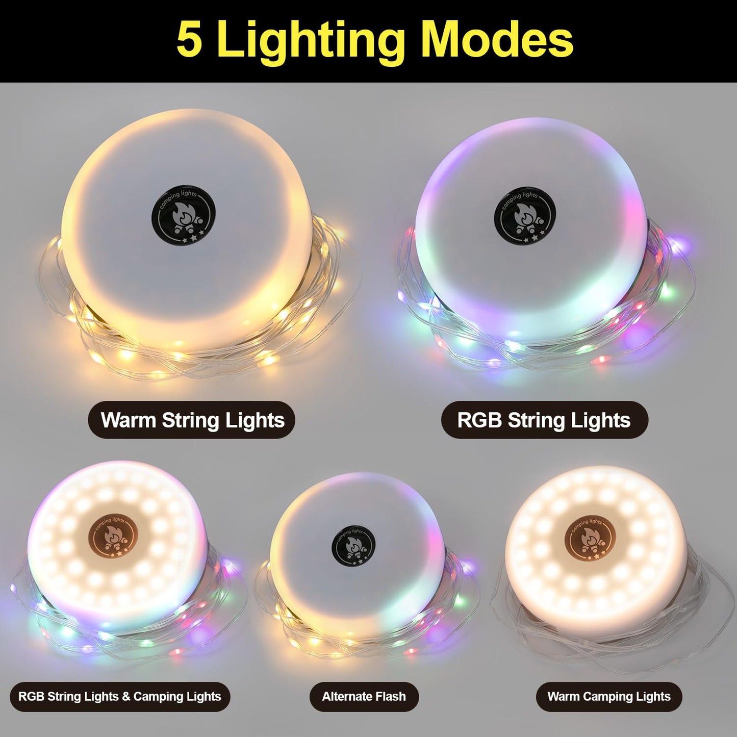 HAMLITE Solar Camping String Lights: 4 in 1 Camping Fairy Light - 32.8Ft Camping Lights with 5 Modes - USB Outdoor String Lights Rechargeable - Waterproof Retractable String Light for Hiking, Tent, RV
