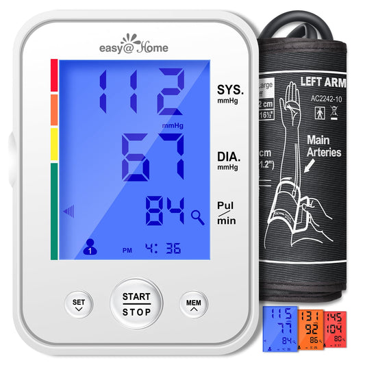 Blood Pressure Monitor for Home Use: Easy@Home Upper Arm Large Cuff BP Machine - Automatic Tensiometer with 3-Color Backlit Hypertension Display and 2 Users, Supports Free MyHeartPal App Scan, EBP-095 - Available at All In One Marketplace Canada