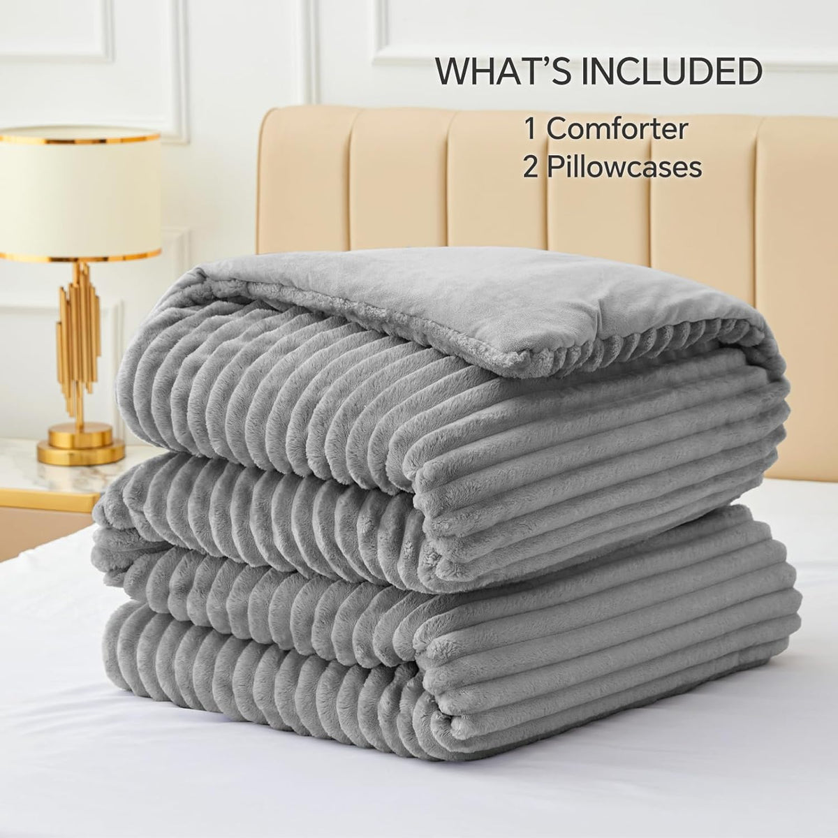 BEDELITE Fleece Queen Comforter Set, Soft Fluffy Bedding Set, Light Grey 🍁 All In One Marketplace Canada