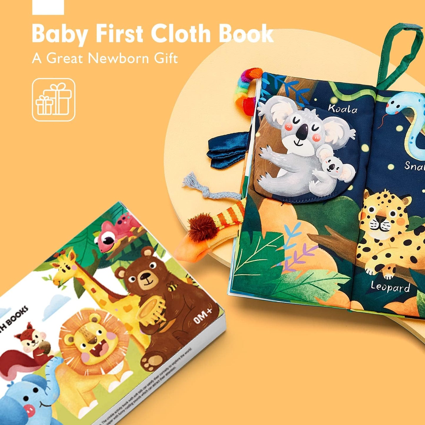 hahaland Baby Book Toy 0 3 6 12 Months - Touch and Feel First Crinkle Cloth Soft Book for Babies 0 Months, Baby Boy Girl Gifts for Newborn Infant - Jungly Tails Theme