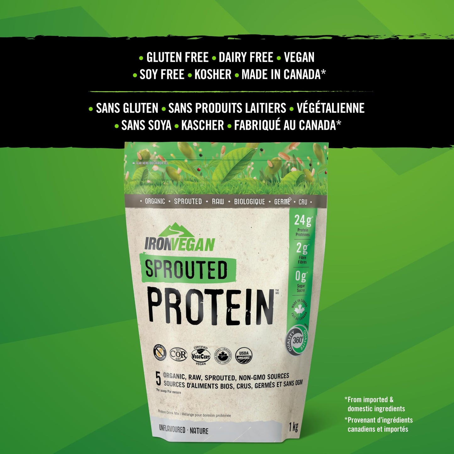 Sprouted Protein, Unflavoured, 1kg | Vegan, plant-based, organic, gluten-free, Beige IRONVEGAN