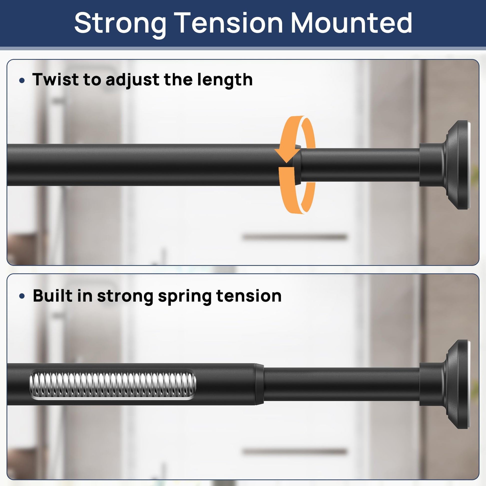 Matte Black Shower Curtain Rod Tension 30 to 76 Inches Never Rust Non-Slip Spring Tension Shower Rod No Drilling Stainless Steel Curtain Pole Use Bathroom, Closet, Window, Room Divider