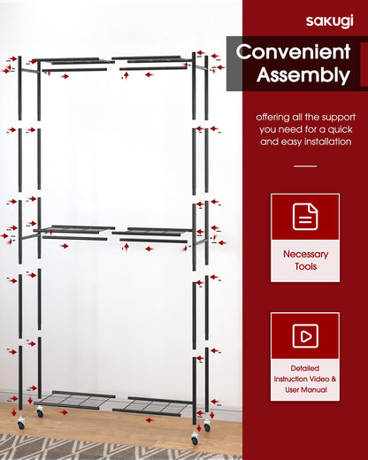 Sakugi Clothing Rack - Coat Rack with Shelves & Wheels, Multi-Functional Clothes Rack with Hooks, Sturdy Metal Garment Shelf for Bedroom, Laundry, Balcony, 84W × 31D × 202H cm, Black - Available at All In One Marketplace Canada