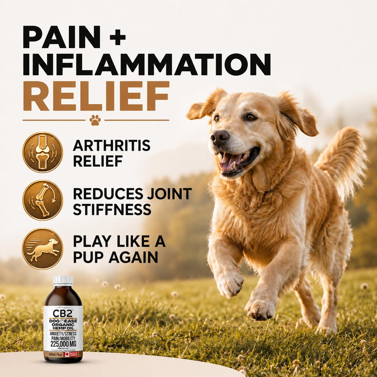 CB2 Hemp Oil for Dogs [225,000mg / 240mL / Organic] - Natural Hip and Joint Supplement for Dogs - Calming Anxiety Relief - Extra Strength for Pain, Inflammation, Arthritis, Stress, Aggression