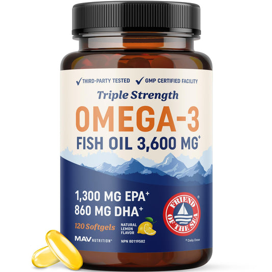 Triple Strength Omega 3 Fish Oil | 120 Softgels | 3600 mg Fish Oil | Over 2100mg of Omega-3 Fatty Acids | Heart and Cognitive Support | 1300mg EPA + 860mg DHA | Wild Caught & Burpless | 120 Ct