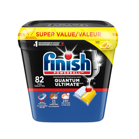 Finish Quantum Ultimate Dishwasher Detergent Pods, 3-Chamber with Powerball, 2X Grease Fighting*, 24H Dried-On Stains, Deep Clean, Virtually Spotless Shine, No Pre-Rinse, Lemon, 82 Tabs