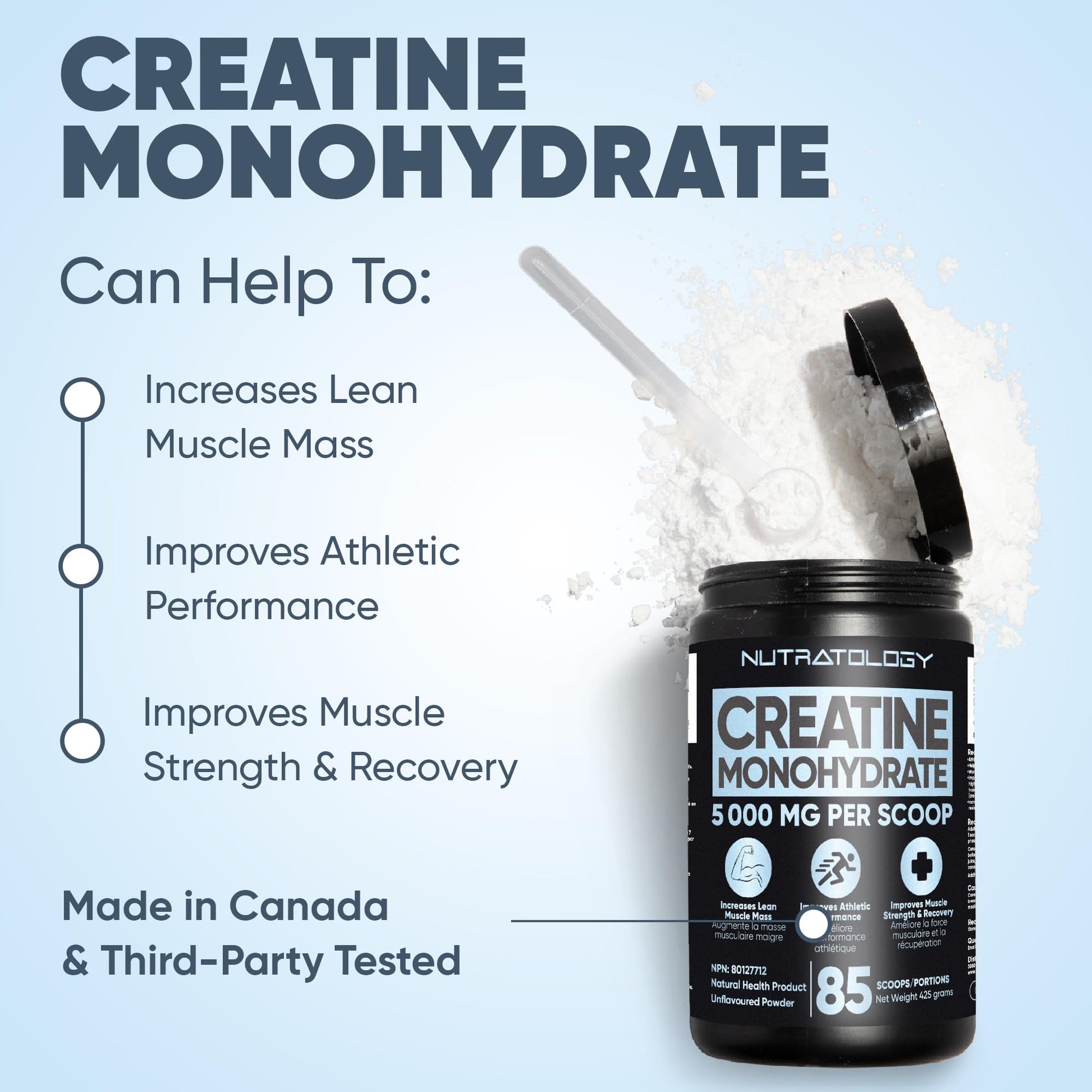 Pure Micronized Creatine Dissolves Easily | Creatine Monohydrate Powder 425g - For Increased Muscle Growth & Performance - Supports Athletic Performance - Creatine Powder for Workouts - 85 Servings