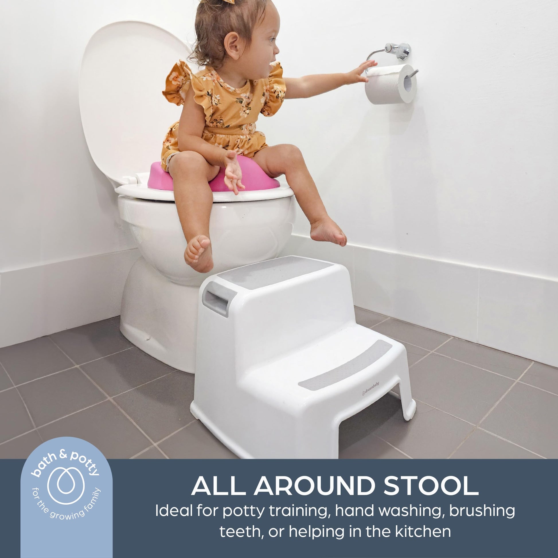 Dreambaby - 2 Up Toddler Step Stool With Non Slip Base, Kids Step Stool for Bathroom, Potty Training and Kitchen, Holds up to 175lbs - Grey & White