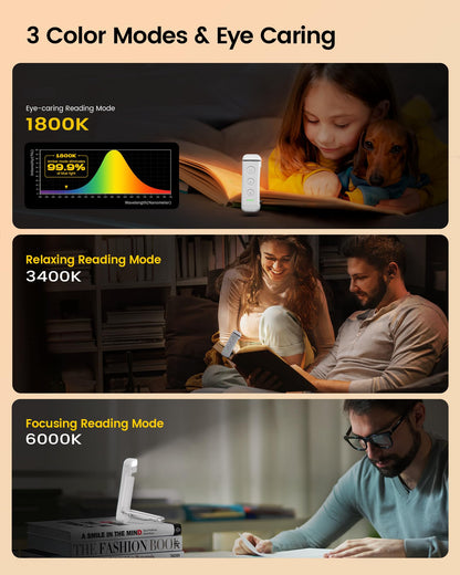 Glocusent USB Rechargeable Book Light - Eye Caring LED Reading Light with 3 Light Colors & 5 Brightness Levels, Compact & Long-Lasting, Ideal Book Light for Night Reading, Book Lovers