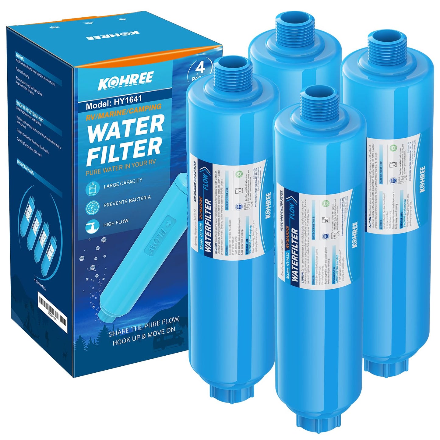 Kohree RV Water Filter, RV Marine Inline KDF Water Filter with NSF & BPA Free Certified, Greatly Reduce Chlorine Heavy Metals Bad Taste Odors and Sediment - 4 Pack Kohree