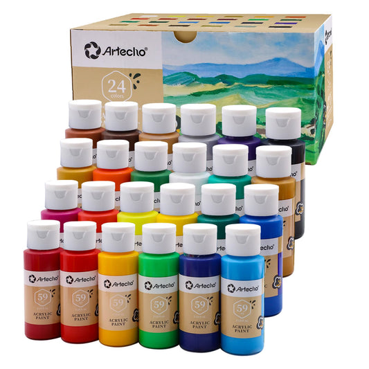Artecho Acrylic Paint Set 24 Colors 2oz/59ml, Art Craft Paint for Art Supplies, Paint for Canvas, Rocks, Wood, Fabric and Ceramic, Non Toxic Paint for Artists, Beginners and Adults - Available at All In One Marketplace Canada