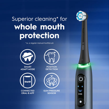 Oral-B iO Deep Clean + Protect Rechargeable Electric Toothbrush, White with Visible Pressure Sensor, 5 Cleaning Settings, 2 Min Timer, an iO Series 7 Toothbrush, 2 Replacement Brush Heads, and Charging Travel Case - Available at All In One Marketplace Canada
