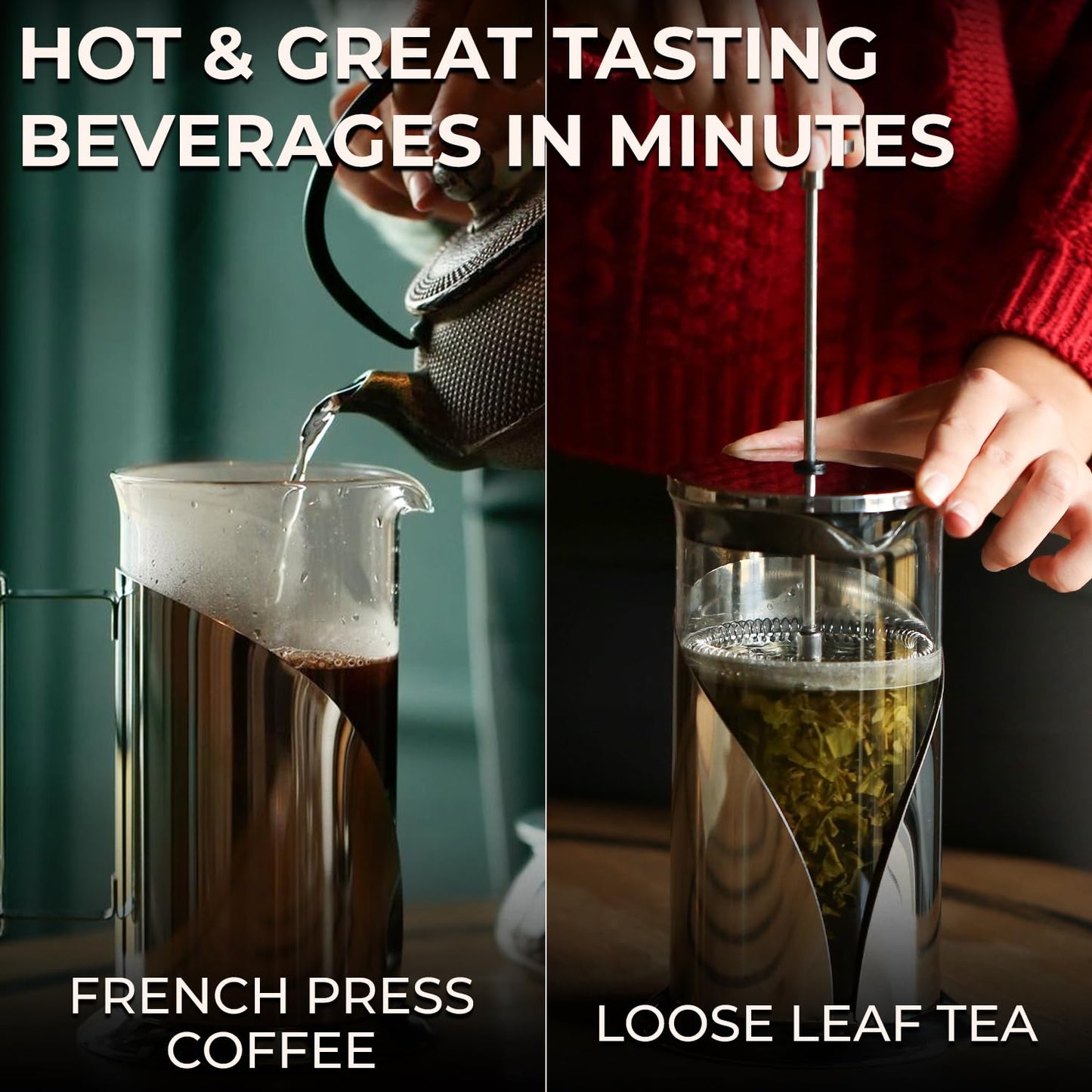 French Press Coffee Maker 34oz – Stainless Steel & Glass Coffee Press with 4-Level Filtration, BPA-Free Cafetiere for Camping or Home – Large, Durable for Hot & Cold Brew - Available at All In One Marketplace Canada