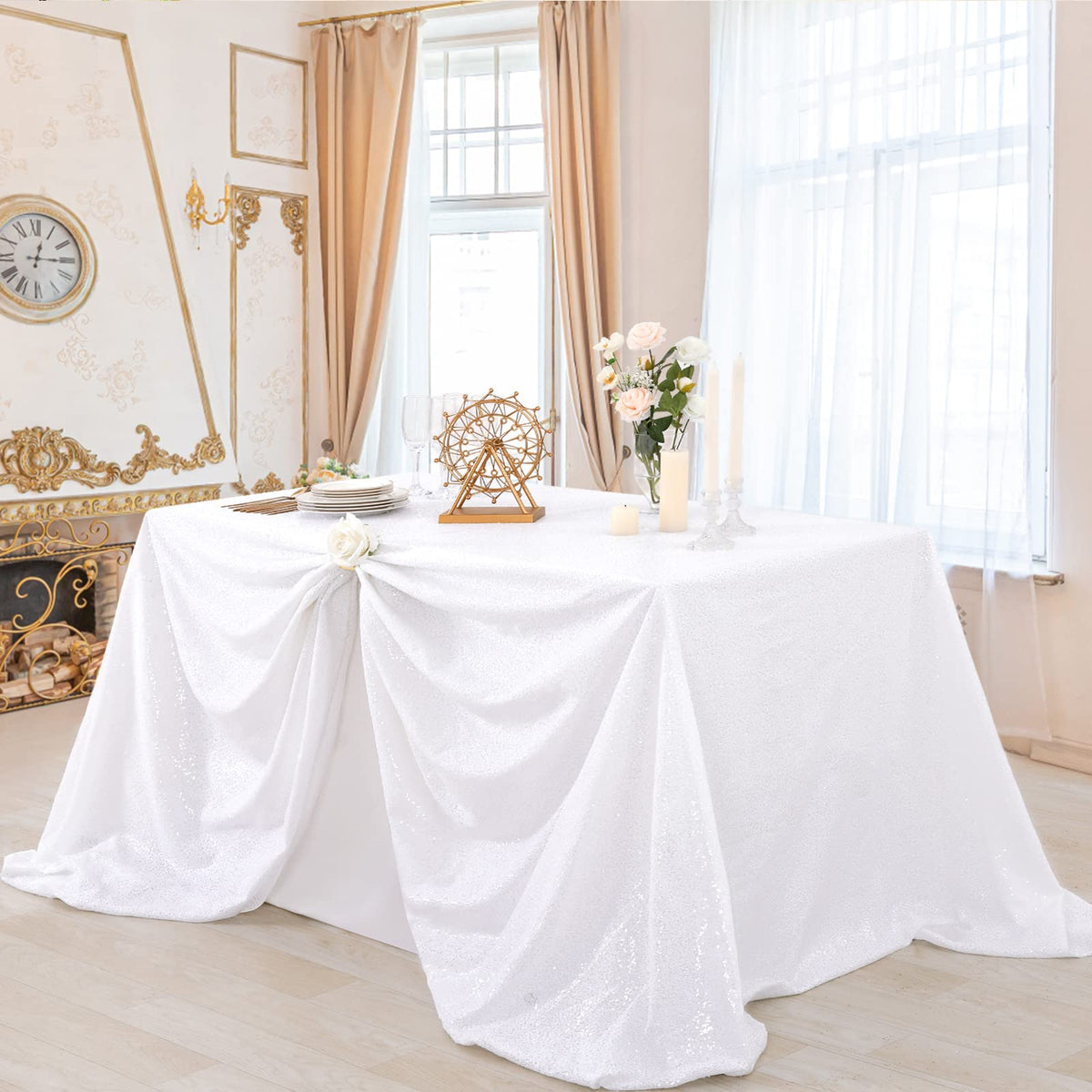 B-COOL Sequin Tablecloth White Wedding Table Decoration 90x90 Inch Sequin