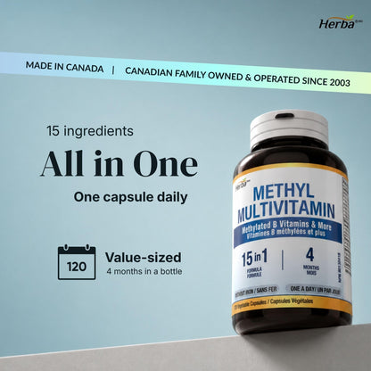 Herba Methylated Multivitamin with 500mg TMG & Methylated B Complex - 120 Capsules | 15 in 1 Formula | B Complex Vitamins for Women & Men including Methyl Folate Supplement | Vegan | Made in Canada - Available at All In One Marketplace Canada