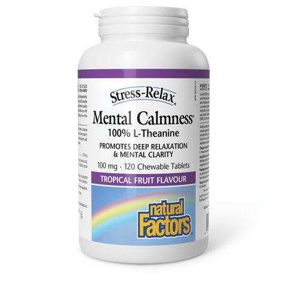 Natural Factors Stress Relax Mental Calmness, 120 Chewable Tablets, Tropical Fruit Flavour, Suntheanine L Theanine 100 mg, Promotes Deep Relaxation, Stress Relief, Proudly Canadian - Available at All In One Marketplace Canada