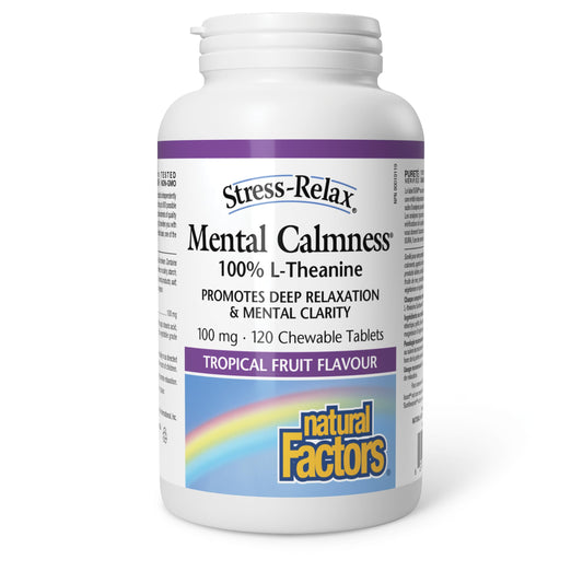 Natural Factors Stress Relax Mental Calmness, 120 Chewable Tablets, Tropical Fruit Flavour, Suntheanine L Theanine 100 mg, Promotes Deep Relaxation, Stress Relief, Proudly Canadian - Available at All In One Marketplace Canada